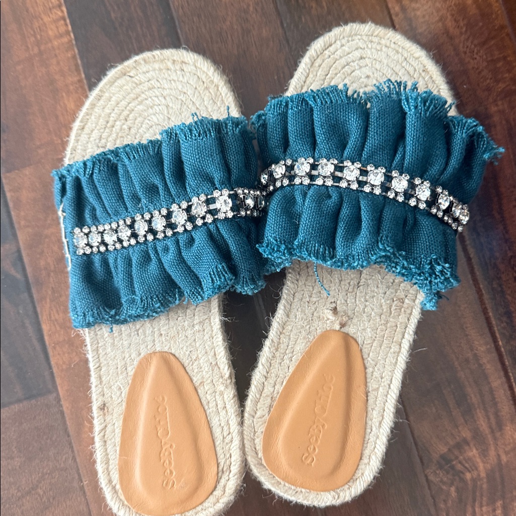 See By Chloe Teal And Beige Espadrille Sandals